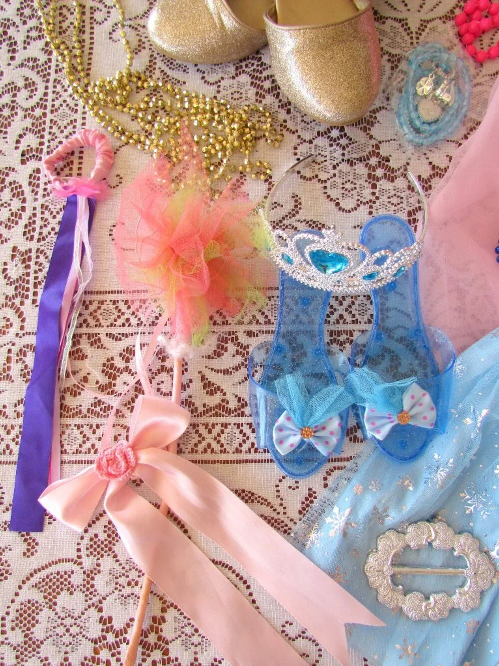 GIRL'S DRESS-UP ACCESSORIES for PLAY, TUTUS, GOLDEN SHOES, TIARAS, NECKLACES